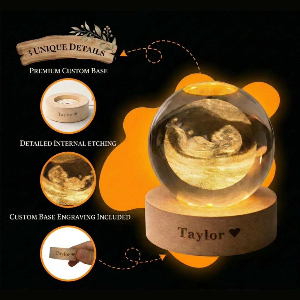 Glowing crystal ball on a wooden base with 'Taylor' engraving, set against a dark background.